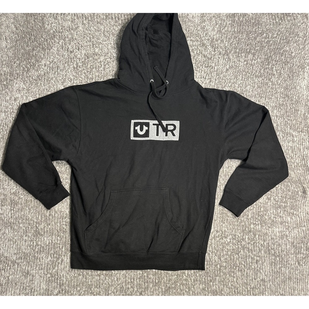 True Religion Hoodie Mens Large Black Pullover Fleece Logo